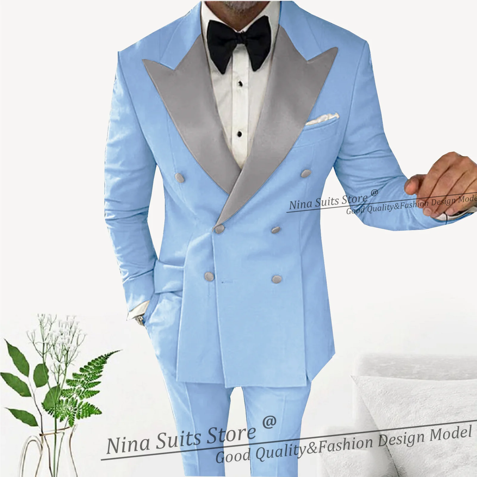 G&N New Male Suit Blush Pink Tailor-Made 2 Pieces Set Fashion Silver Peak Lapel For Business Party Wedding Groom Tuxedos