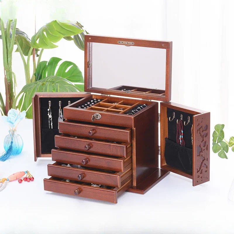 Necklace Jewelry Organizer Box Wood Jewelry Case with Ring Earring Drawer Bracelet Display Plastic Storage Separators 2