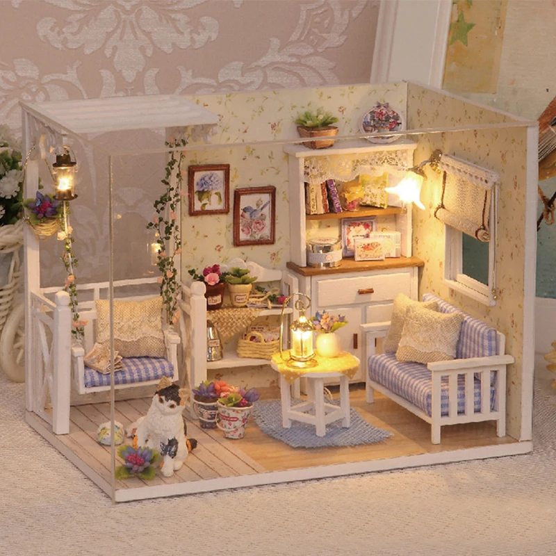 Kit de construcción de minicasa de muñecas de madera para niños, Kit de Casa de juguete, decoración de dormitorio de habitación creativa con muebles para regalo de cumpleaños