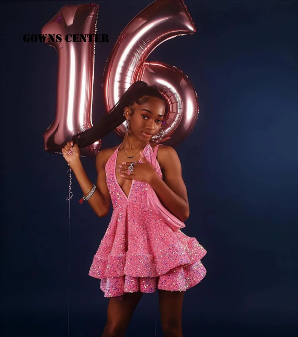

Pink Sequin Party Dress For Black Girls Mini Cocktail Dress Halter Homecoming Gown Birthday Party Wear Formal robes de cocktail
