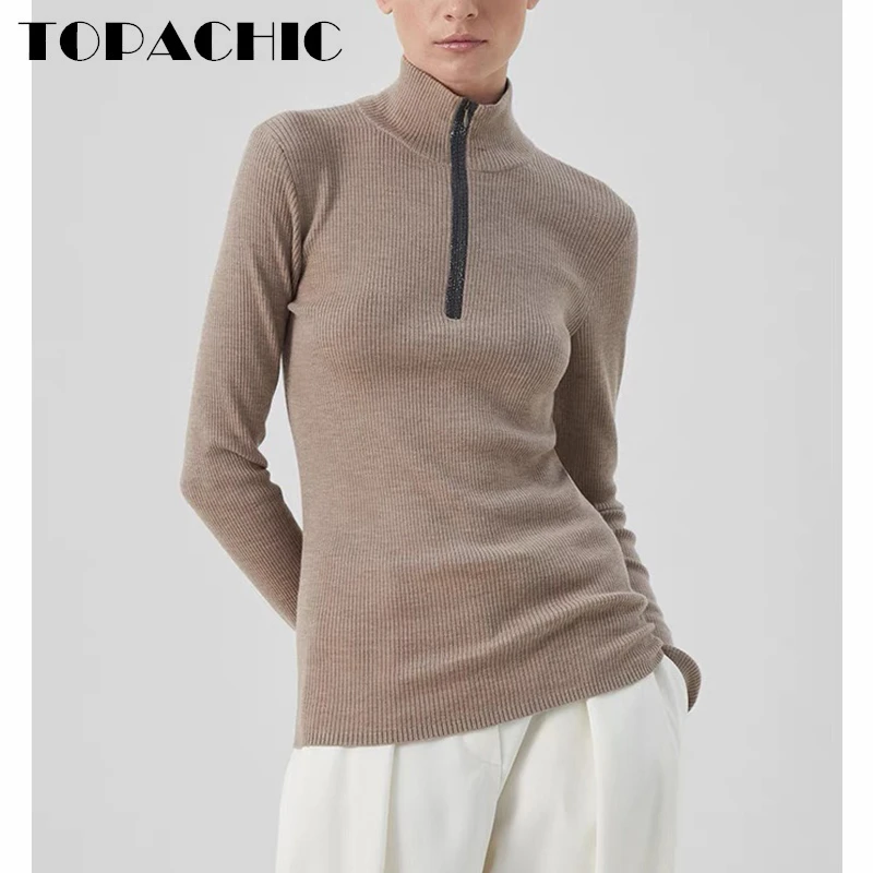 

1.8 TOPACHIC Women's 100% Cashmere Knitwear Sweater Bead Chains Half Zipper Slim Knitted Pullover Top