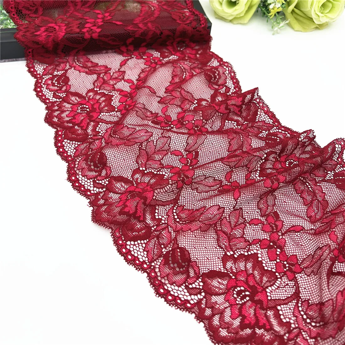 3y/lot Width 7 5/8 inch (19.50cm) Red Elastic Stretch Lace Trim 5