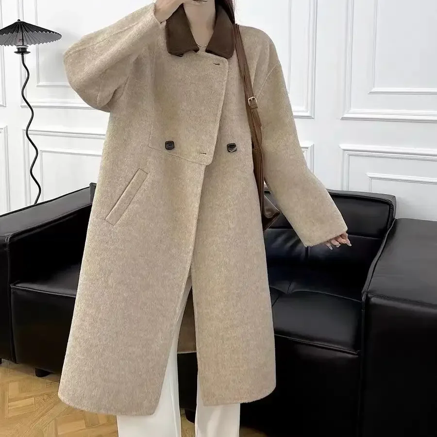

2323 Women Irregular Color Lapel Korean Version of Autumn and Winter Wool Soft Long Over The Knee Coat for Women Slim and Warm