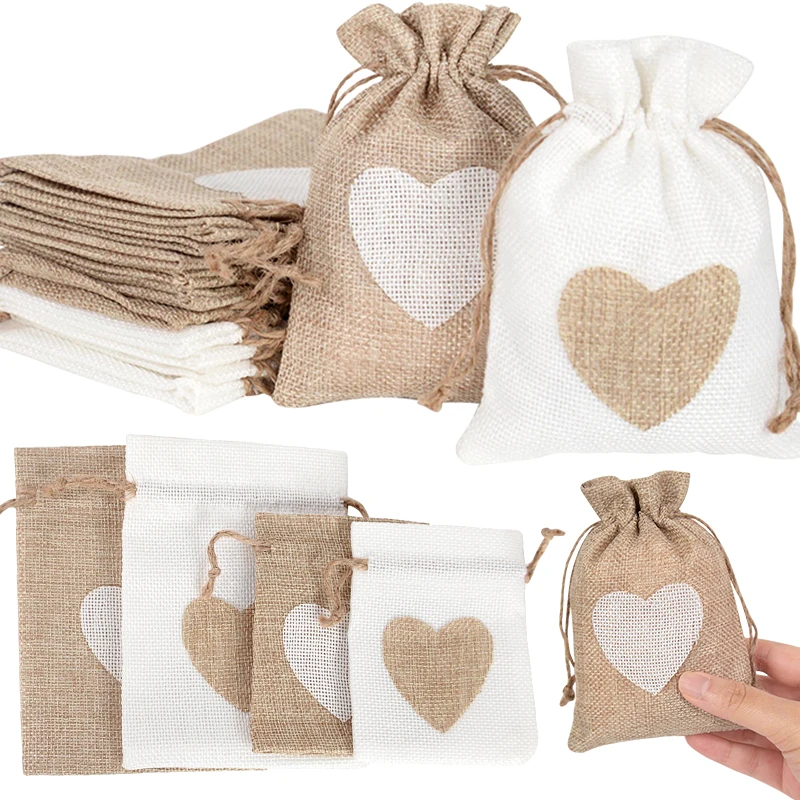 10Pcs Heart Jute Drawstring Bags For Wedding Birthday Party Decor Jewelry Pouches Natural Linen Burlap Candy Gifts Packaging