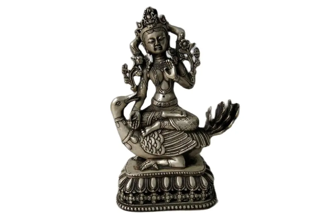 

20cm 8" China silver carved Buddhism Duck Four arm buddha Sculpture Statue