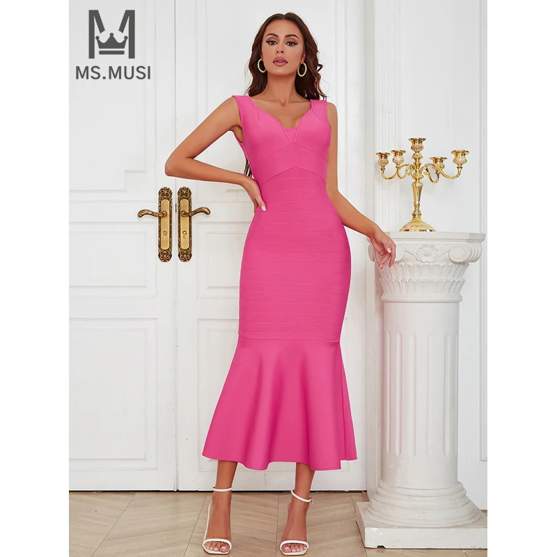 

MSMUSI 2024 New Fashion Women Sexy Tank Neck Falbala Ruffles Draped Sleeveless Bandage Bodycon Party Club Event Slim Midi Dress