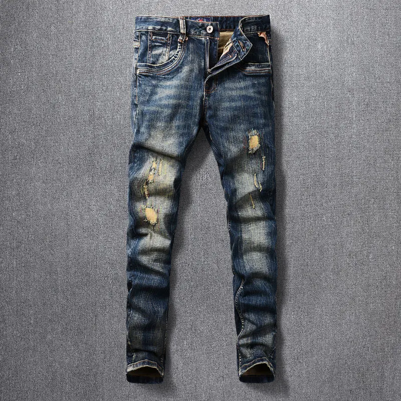 Fashion Designer Men Jeans Retro Black Blue Slim Ripped Jeans Men Stretch Trousers Embroidery Patched Vintage Casual Denim Pants