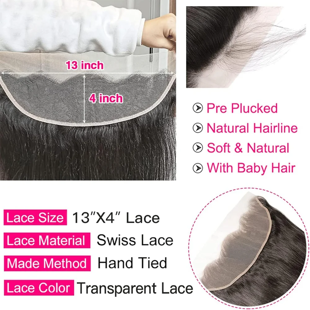13x4 Straight Transparent Lace Closures Human Hair Frontal Closure with Natural Hairline Free Part Brazilian Hair for Women Girl