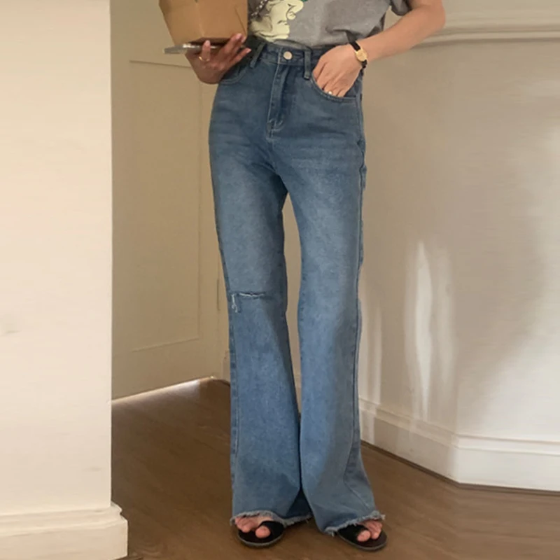 

High Waist Ripped Jeans for Women Casual Loose Solid Pocket Buttons Zipper Micro Flare Pants Fashion Design Female Trousers 2023