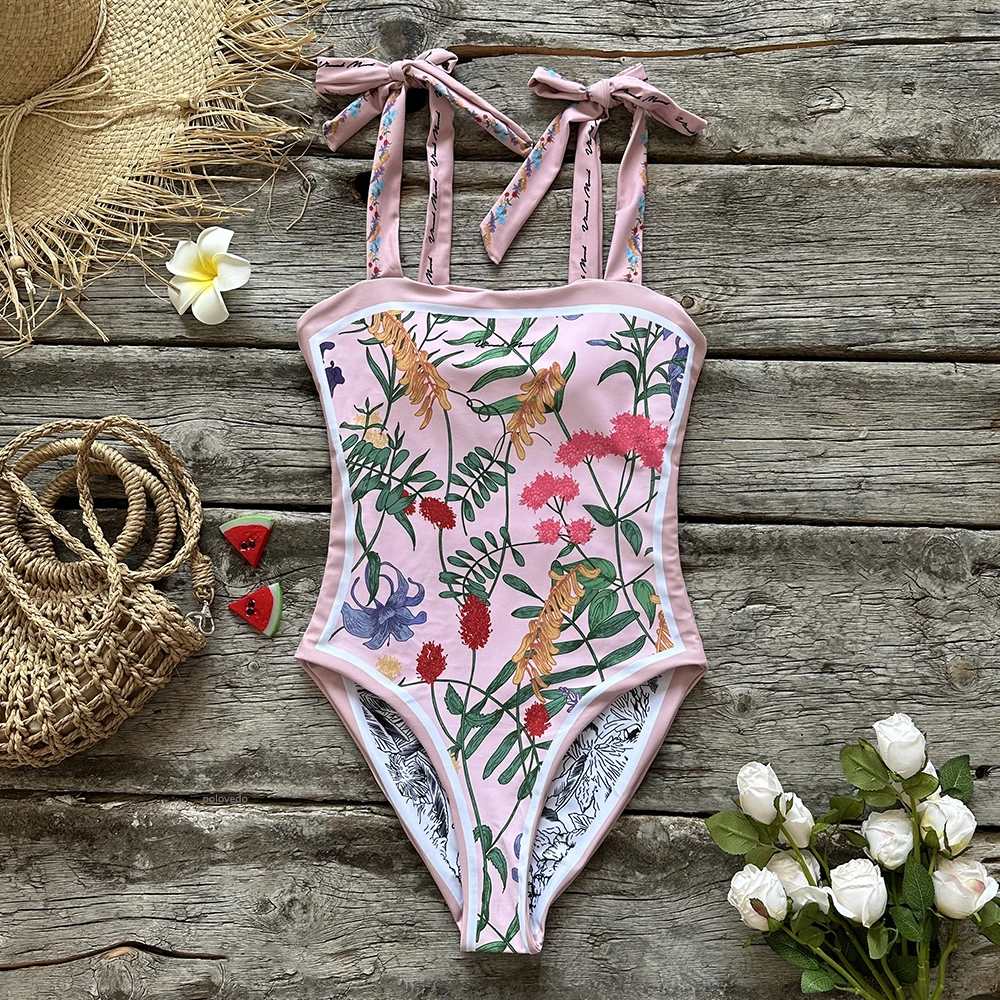 Double -sided wear One Piece Swimsuit 2024 New Cute Print Swimwear Women Bow Swimwear Bathing Suit Beachwear Monokini Swim