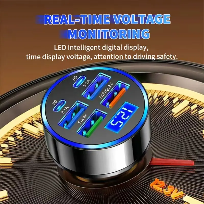 100W 6 Ports Car Charger Fast Charging PD QC3.0 USB C Car Phone Charger Type C Adapter in Car For iPhone Samsung Huawei Xiaomi