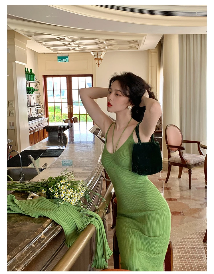 Vintage Chic Knitted 2-piece Dress Set Women Crop Cardigan V-neck Spaghetti Strap Bodycon Midi Dress Autumn New Female Clothing