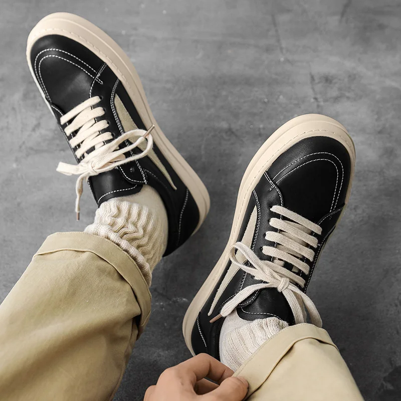 New Leather Student Couple Shoes Flat Black Fashion Trend All-match Casual Thick Baseplate Sneakers Comfort Lace-up Trainers