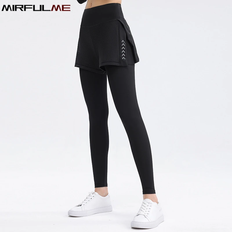Women Sports Leggings Elastic High Waist Yoga Pants Fake Two Piece Running Trousers Quick Dry Elastic Gym Fitness Tights Female