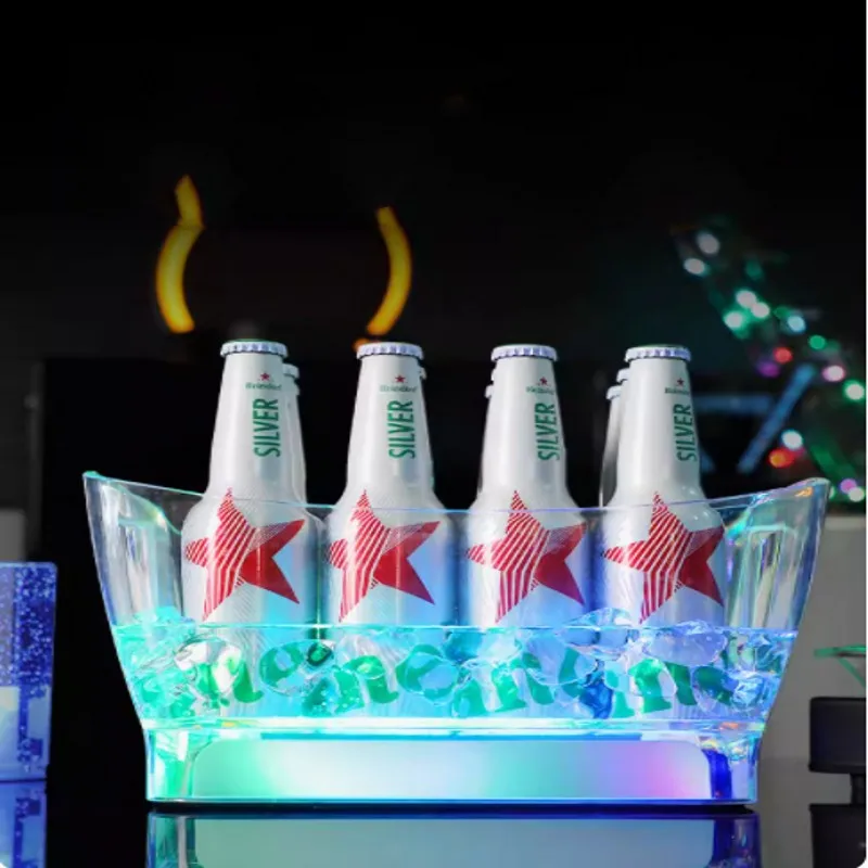 New Colorful Voice Control RGB Lighting Transparent Acrylic Barrel LED Luminous Ice Cube Storage Buckets Bar Beer Ice Bucket