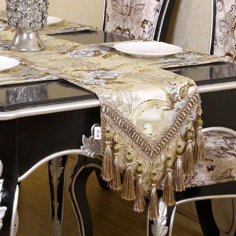 Luxury Table Runner Thick Traditional Jacquard Table Runners Multi-Tassels for Dining Room Damask Dresser Party Banquet Decor
