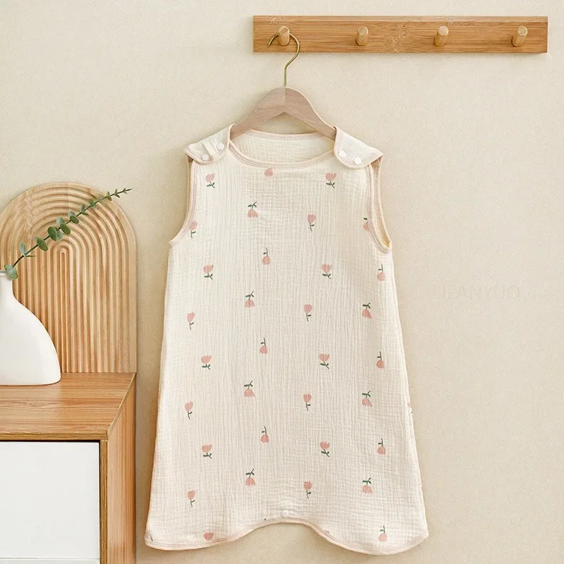 Summer Thin Four Layer Cotton Gauze Baby Jumpsuits Waistcoat Vest Cartoon Infant Kick Resistant Quilt Kids Sleeping Robe Blanket