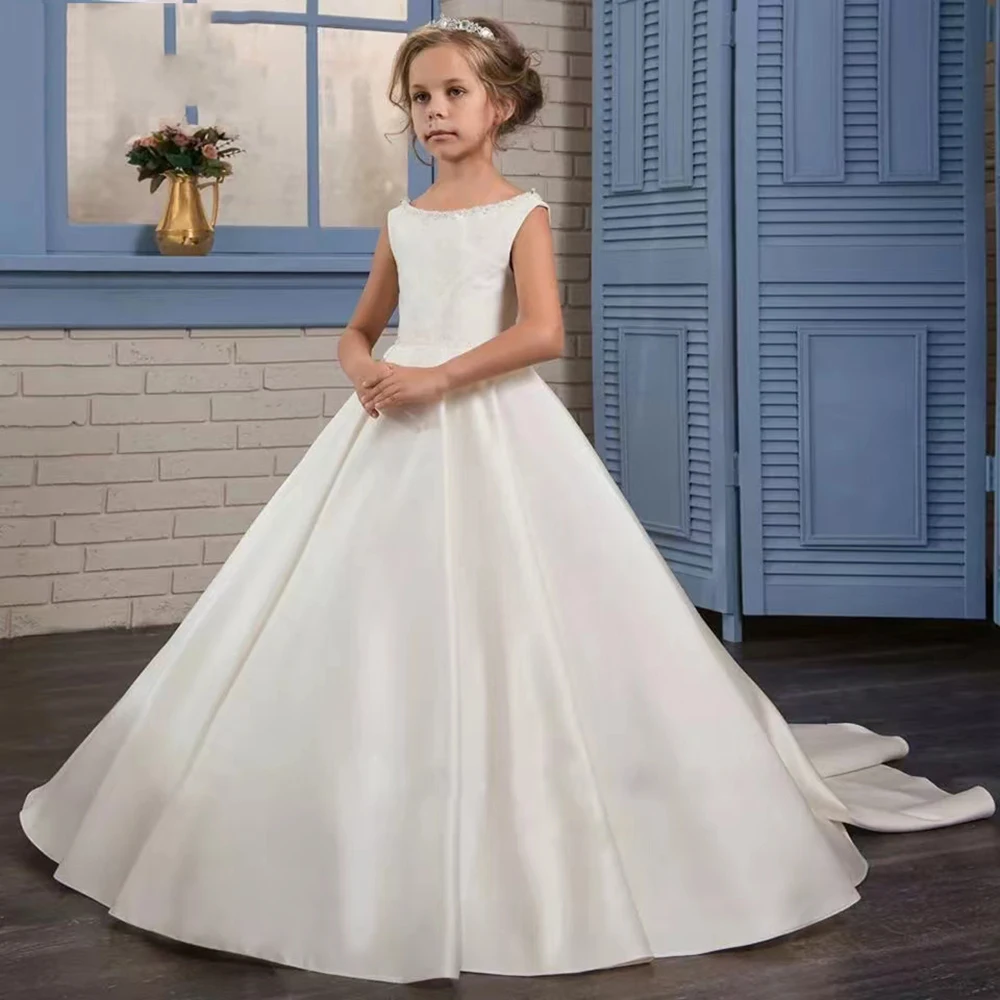 

White Satin Flower Girl Dress Sleeveless Backless First Communion Birthday Party Dresses Pageant Dresses