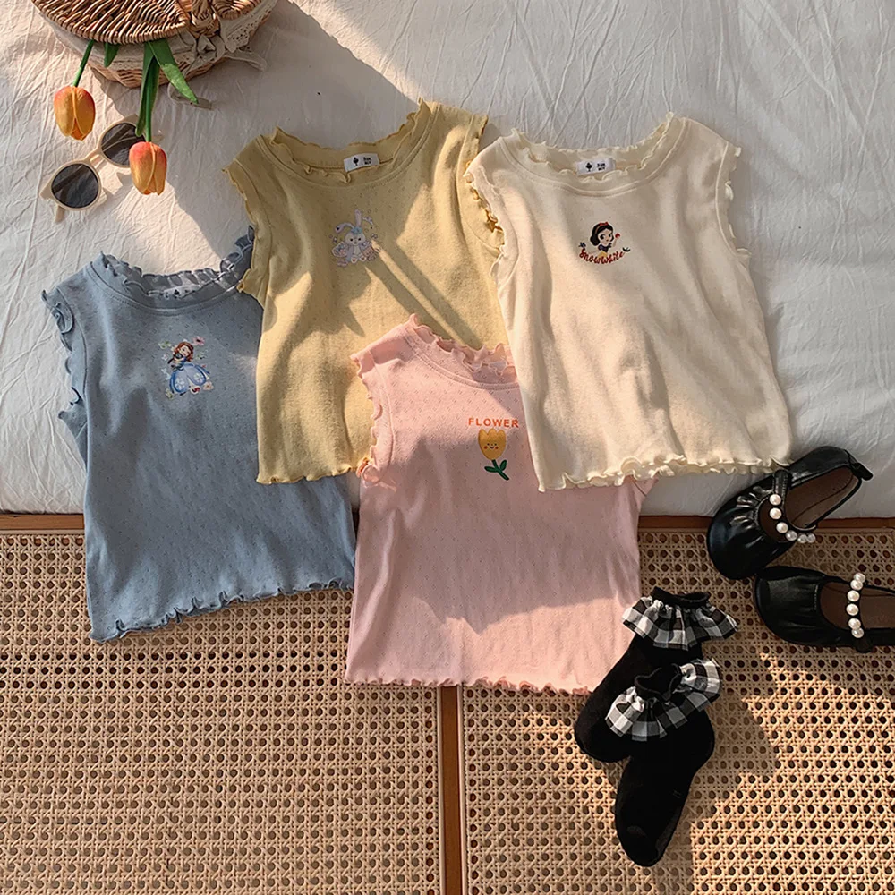 

Children's Tank Top 2023 Summer New Girls Cartoon Cut-out Sleeveless T-Shirt Baby Print Sleeveless Lace Vest for Kids 2-11 Years