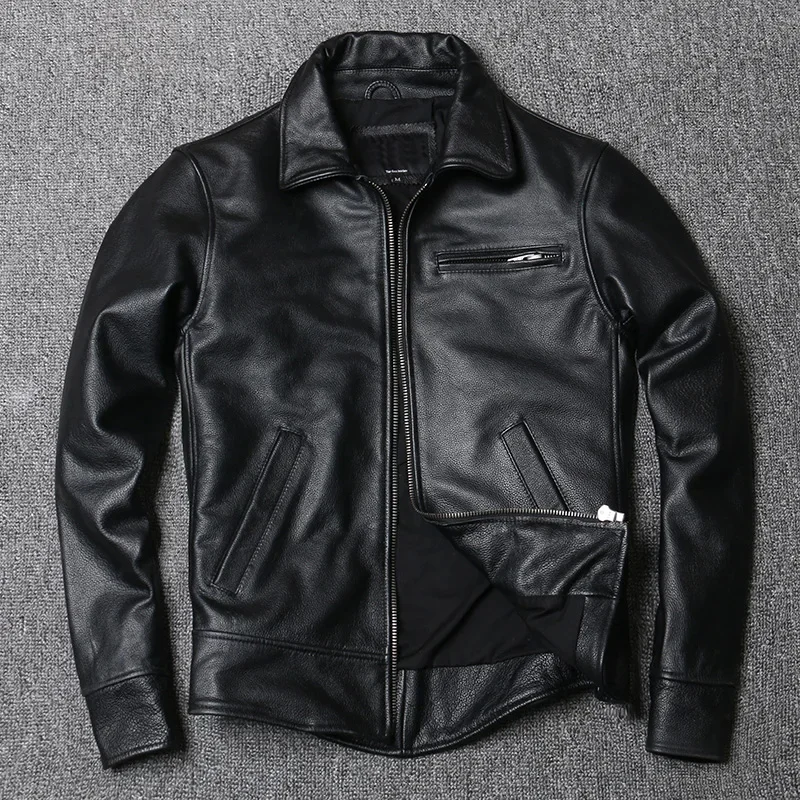 

YR!Free shipping.Wholesales.derme men black slim cow leather jacket.natural quality genuine coat.biker outwear