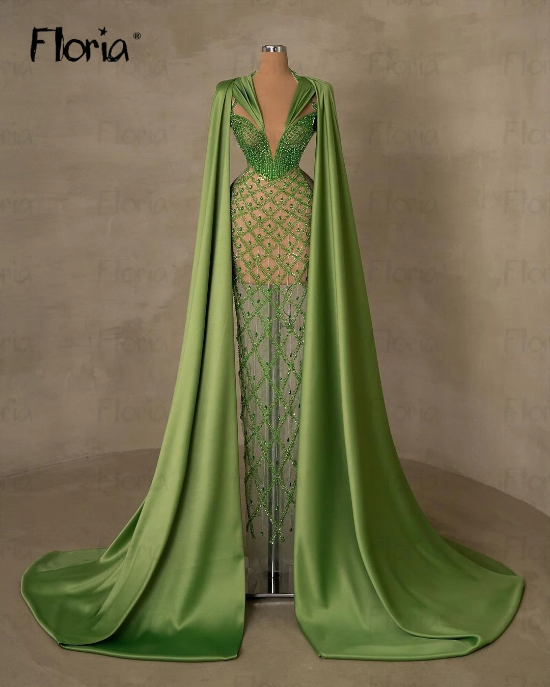 

Gorgeous Custom Made Heavy Beaded Green Evening Dress With Long Cape Sleeves Illusion Celebrity Influencer Dress Dubai Vestidos