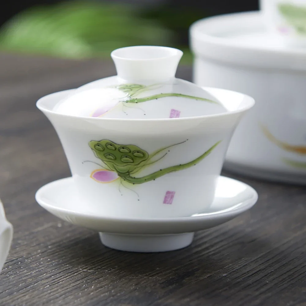 Hand drawn White China Gaiwan Persimmon Porcelain Tureen With Cup Saucer Coaster Covered Bowl With Lid Handpainted Cup Bowls