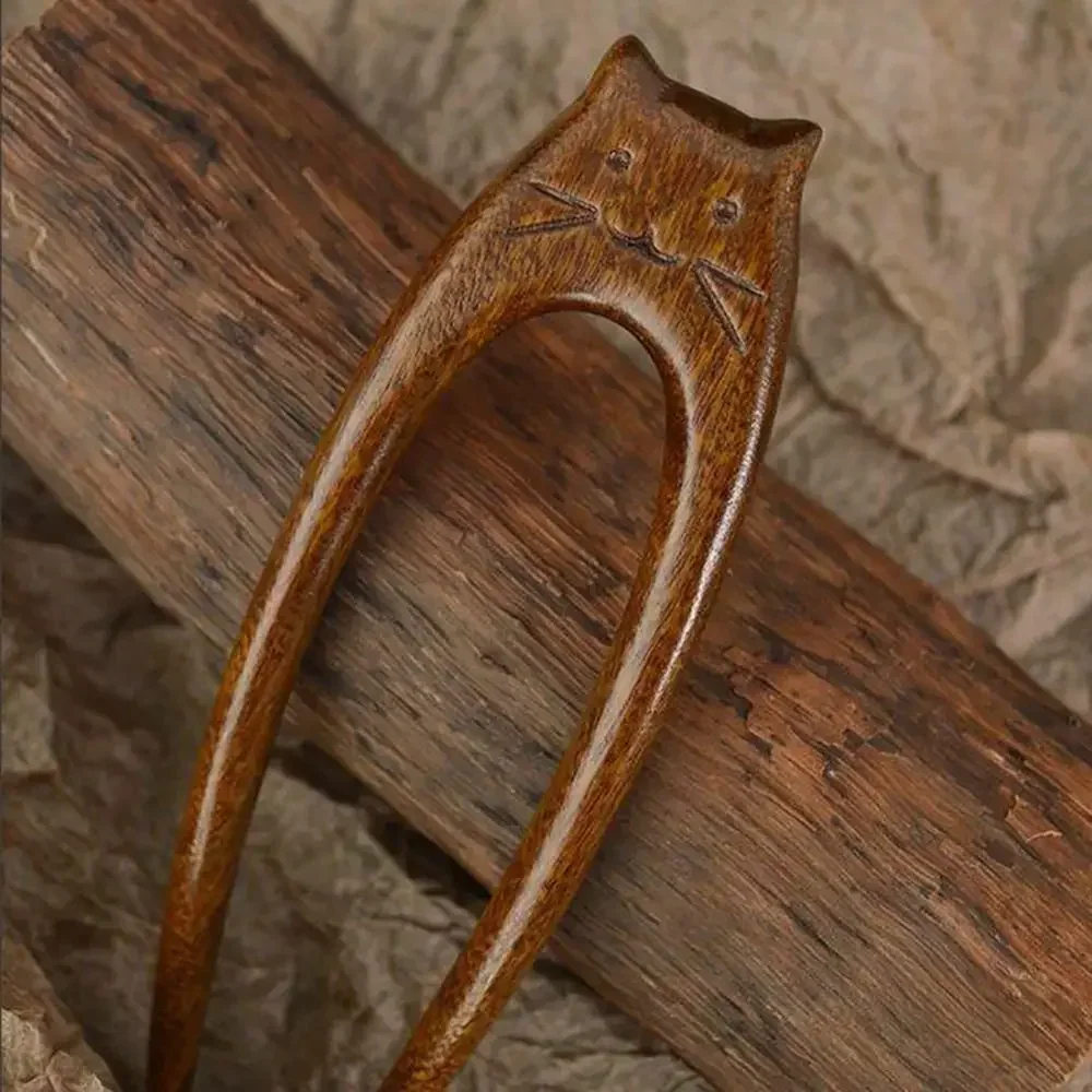 Wooden Cat Pattern Hair Sticks Headwear Headpieces U Shaped Hair Forks Chinese Style Hair Accessories Hanfu Hairpin Women Girls