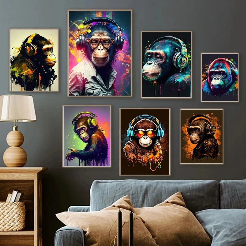 

Watercolor Monkey Headphone Music DJ Poster Canvas Painting Graffiti Animal Wall Art For Modern Living Room Home Decoration