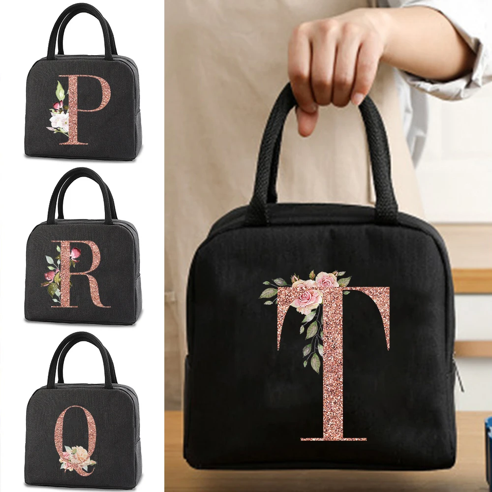 

Thermal Lunchbox Dinner Bags Canvas Handbag Picnic Travel Breakfast Box School Child Lunch Bags Tote Rose Gold Letter Food Pouch