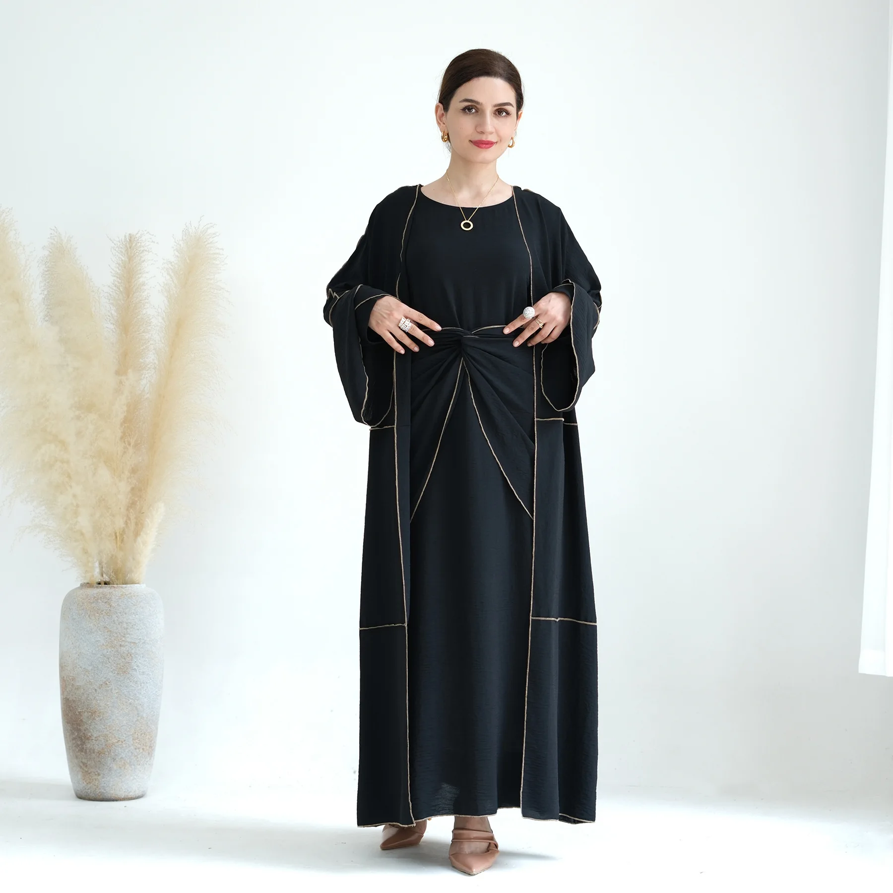 3 Piece Kimono Abaya Matching Muslim Set Crepe Abayas for Women Dubai Turkey Hijab Inner Dress Wrap Skirt Islamic Clothes Kaftan