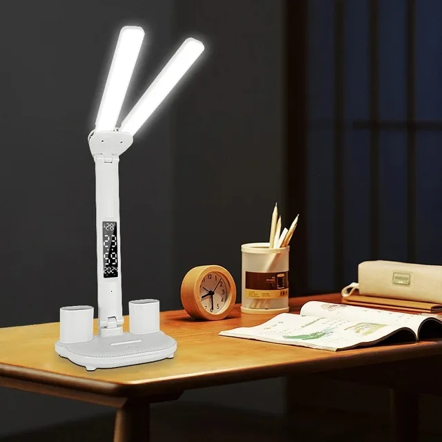 LED horloge lampe de Table USB rechargeable tactile lampes de bureau 2 têtes 180 rotation pliable Protection des yeux bureau lecture veilleuses 2