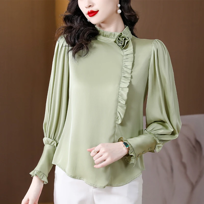 New green flower 2022 printed imitation silk satin dress shirt