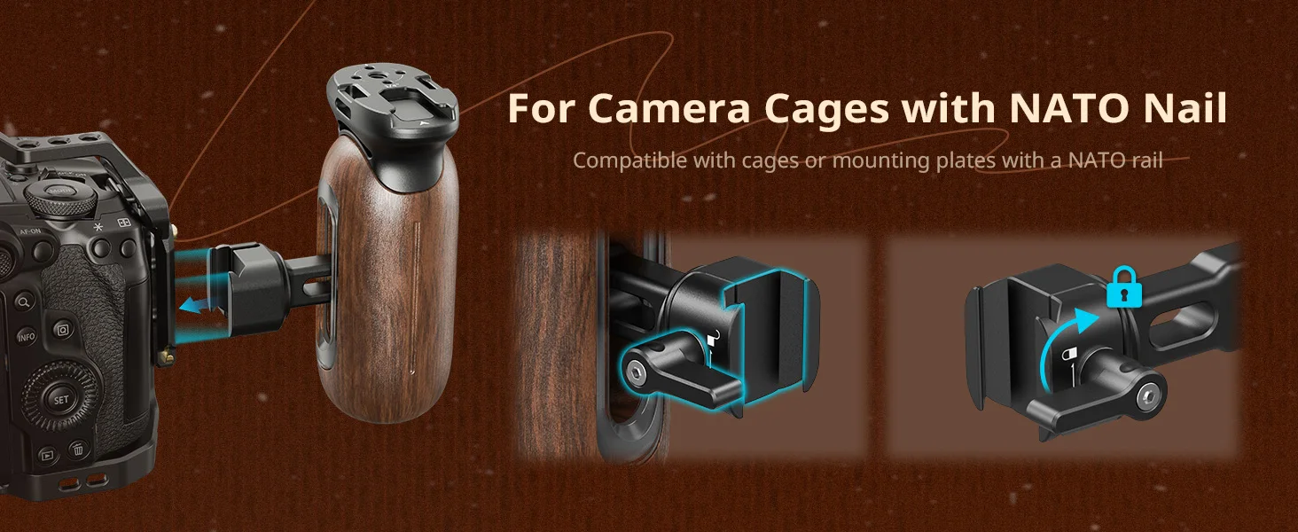Wooden Side Handle with NATO Clamp for Cages or Mounting Plates With a NATO Rail