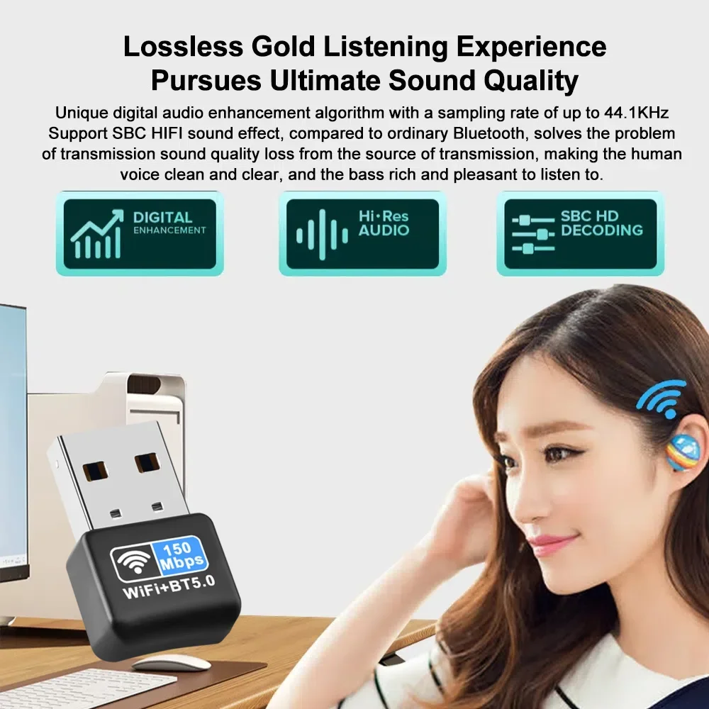 미니 USB WiFi 어댑터 150m 2.4G 블루투스 5.0 휴대용 무선 네트워크 카드 어댑터 PC 노트북 윈도우 10/11 드라이버 무료