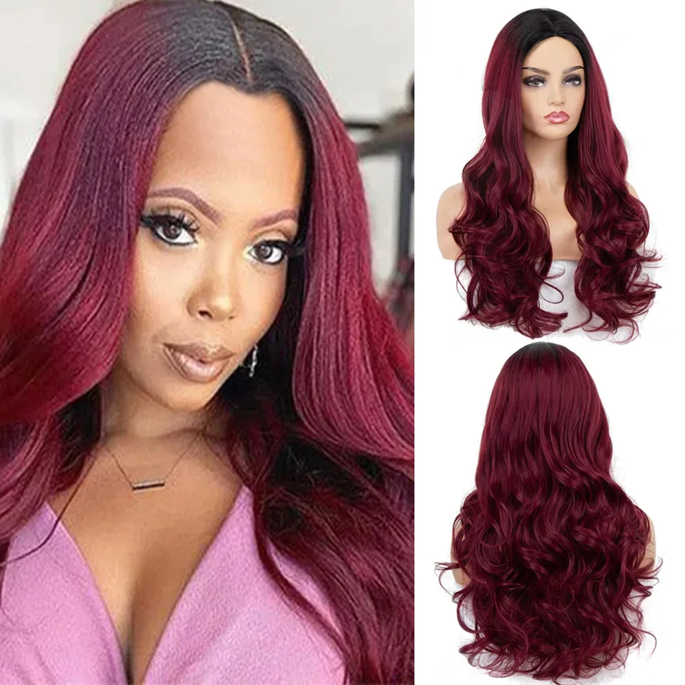 

Fashionable gradient burgundy large wave synthetic fiber long curly hair headband wigs