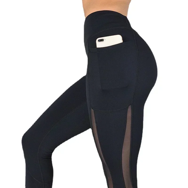 Black Sexy Women Yoga Sport Leggings Phone Pocket Fitness Running Pants Stretchy Sportswear Gym Leggings Slim Yoga Pant