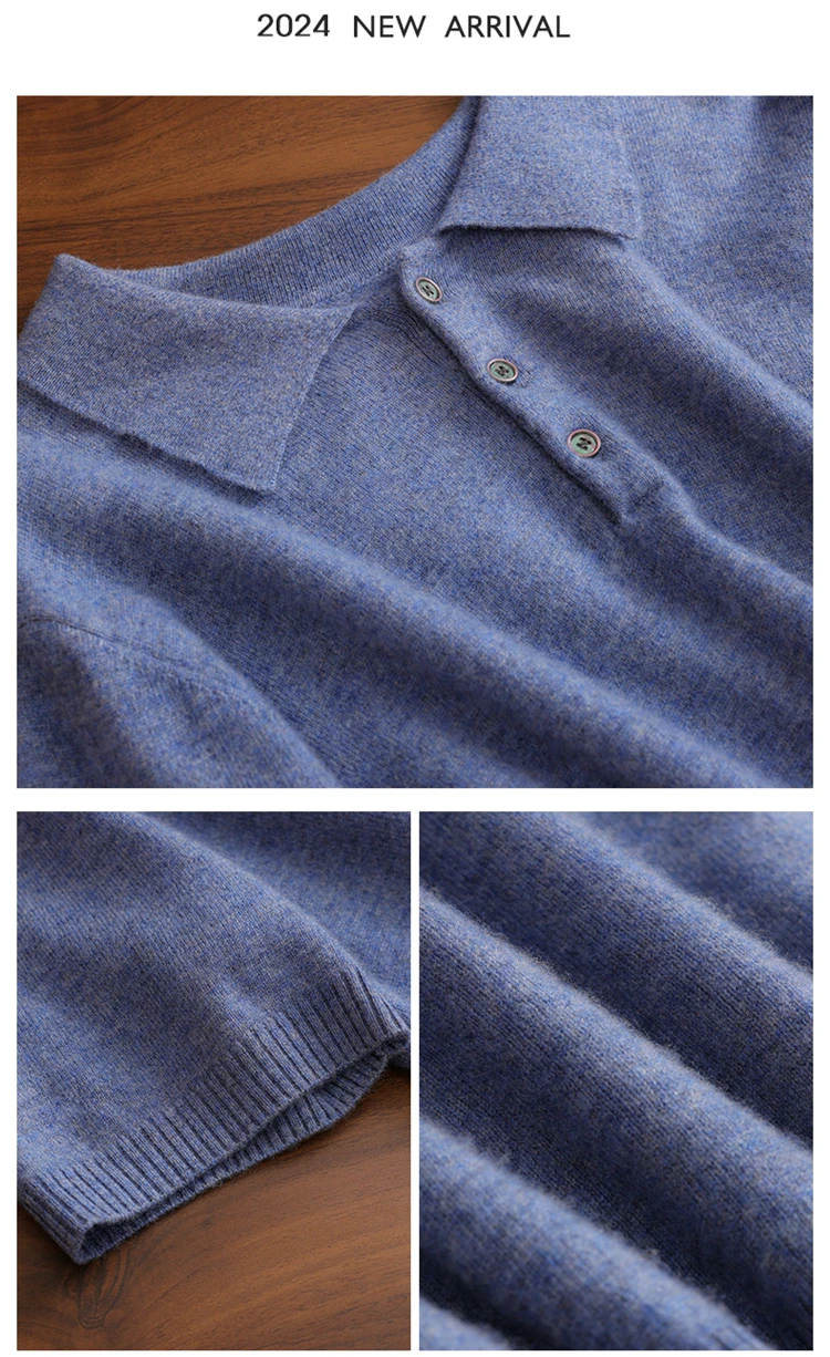 قميص بولو رجالي قصير الأكمام من الكشمير 100٪ للأعمال والملابس غير الرسمية، سترة للربيع والصيف