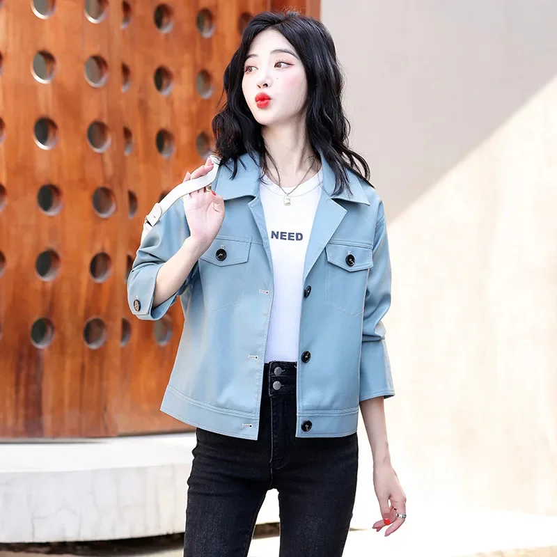 

2023 Spring Real Leather Jacket Women Genuine Lapel Sheepskin Aviator Blue Women's Moto Biker Zipper New Outerwear