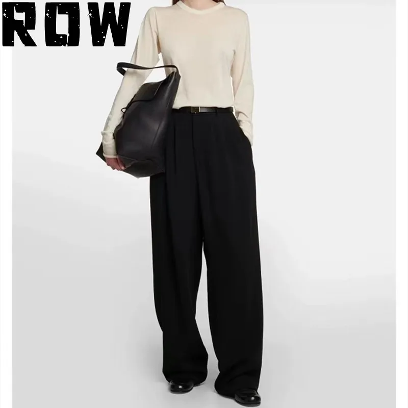 ROW2023 Women's Bag Black Cowhide Simple Flip Cap Large Capacity Nylon Drawstring Decoration Tote Bag Handbill Shoulder Bag