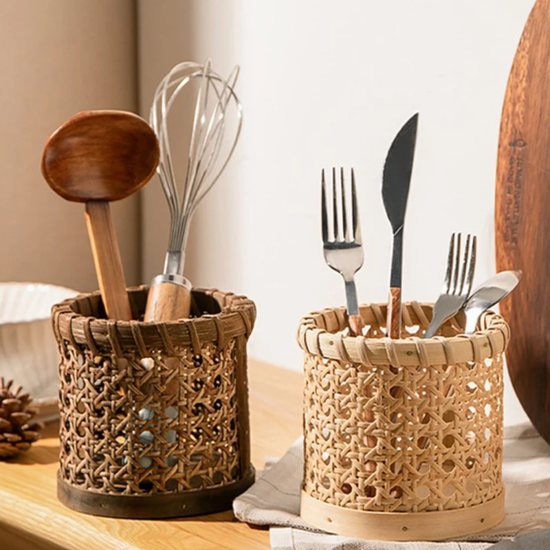 

1Pc Rattan Chopsticks Storage Handmade Spoon Organizer Holder Pen Pencils Organization Vase Support Home Kitchen Table Decor