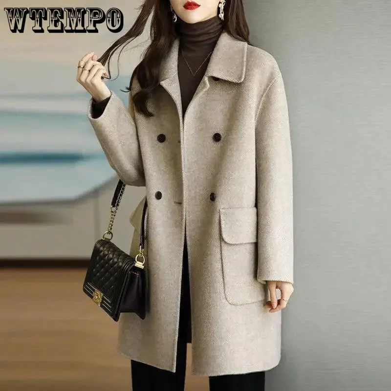 WTEMPO 여성용 우아한 얇은 트위드 코트, 중간 길이 모직 코트, 오피스 레이디 가을 겨울, 한국 신상 솔리드, 루즈하고 따뜻한 두꺼운 재킷 