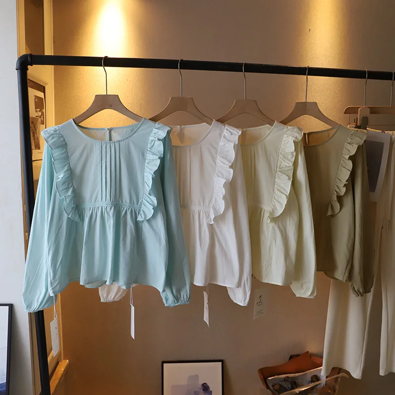 

Рубашка в Корейском стиле с оборками по краям, новинка весны 2024, свободная Облегающая рубашка с длинными рукавами, Милая женская одежда