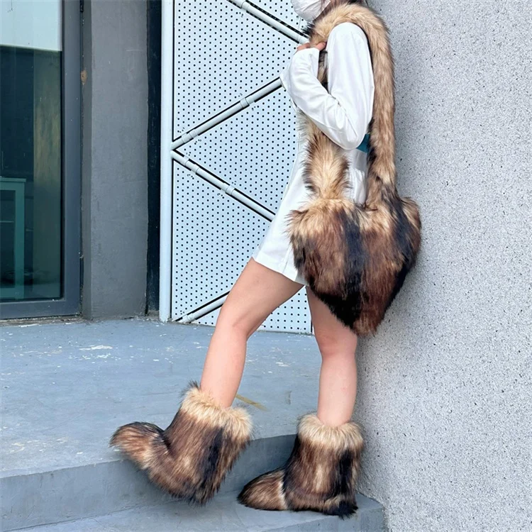 Winter Women Faux Fur Boots And Bag Set Furry Warm Snow Boots Cute Heart-shaped Fur Handbag Love Bag Girls Platform Plush Boots