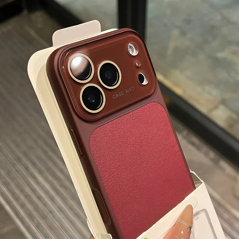 Elegant Lychee Leather Matte Shockproof Case with Glass Camera Protection