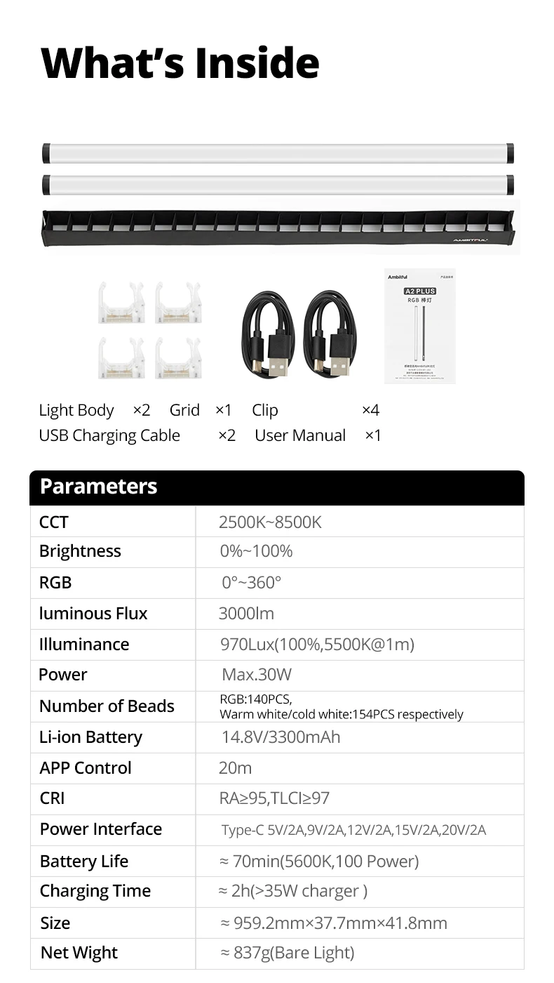 A2 plus 2500K-8500K RGB Tube Light Full Color LED Video Stick Light ,CRI 95+ TLC