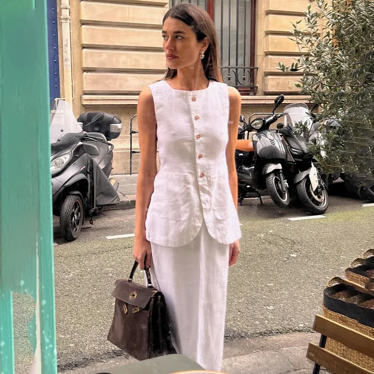 Conjunto de 2 piezas de falda larga blanca de cintura alta para mujer: top ajustado sin mangas y falda larga informal, conjuntos de patchwork para mujer