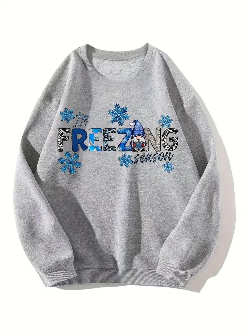 Christmas Snowflake & Letter Print Sports Pullover Sweatshirt, Long Sleeve Round Neck Active Sweatshirt, Women's Clothing christmas sweatshirt hoodie kids boy girls cartoon streetwear baby clothes dinosaur kawaii print pullover children clothing