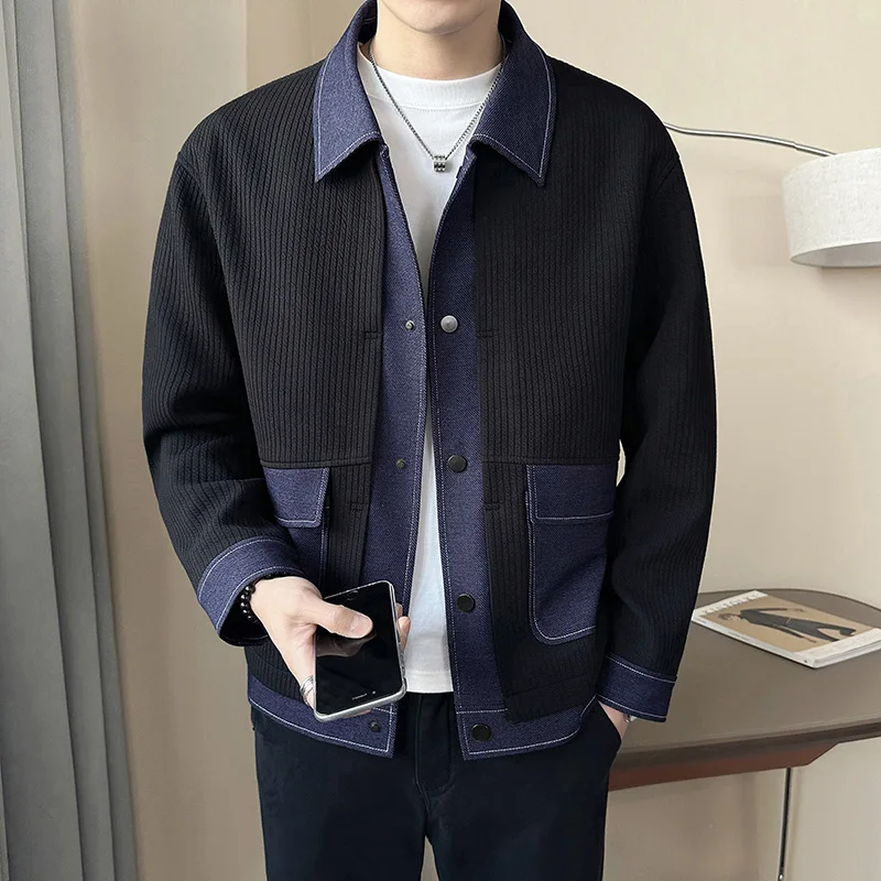 

Jackets For Men Fashion Spliced Design Long Sleeve Mens Casual Jacket Korean Luxury Clothing Turn Down Collar Slim Fit Coat Male