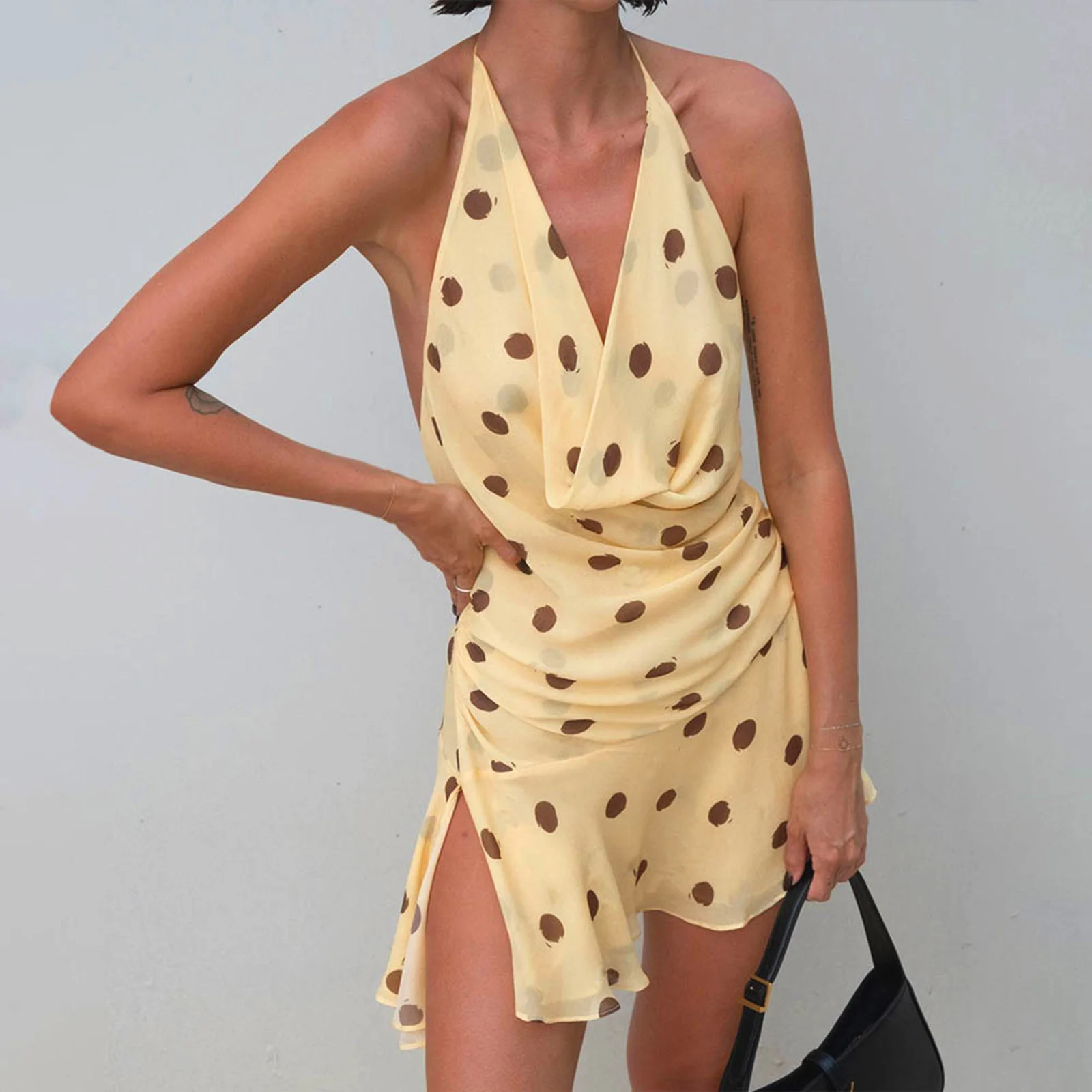 Women Summer Halter Mini Dress Ruffled Backless V Neck A Line Dress For Beach Vacation Party Daily Wear Streetwear - Image 4