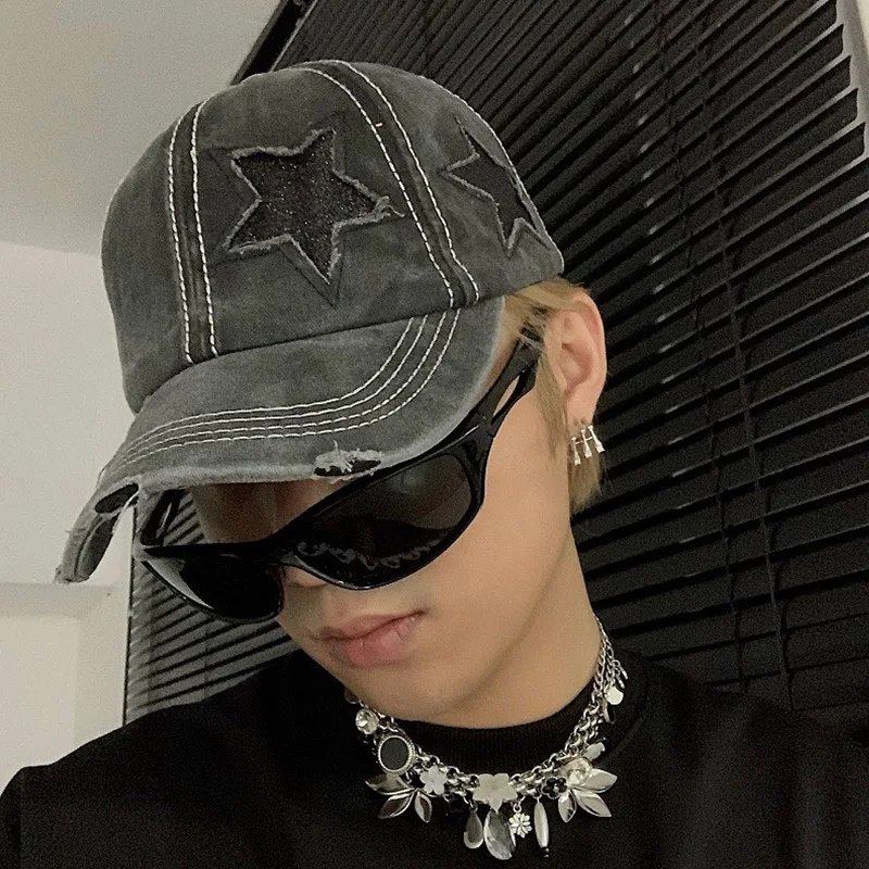 Y2K Washed Denim Hole Baseball Cap Sun Hat For Women Men Star Cotton Ponytail Caps Fashion Hip Hop Vintage Snapback Hats Gorros 3